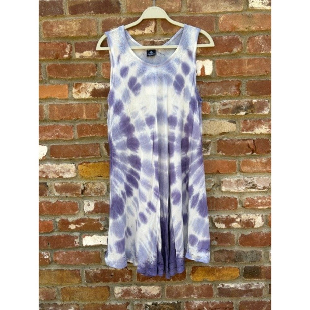 Advance Purple White Tie Dye Embroidered Sleeveless Tunic Dress L/XL